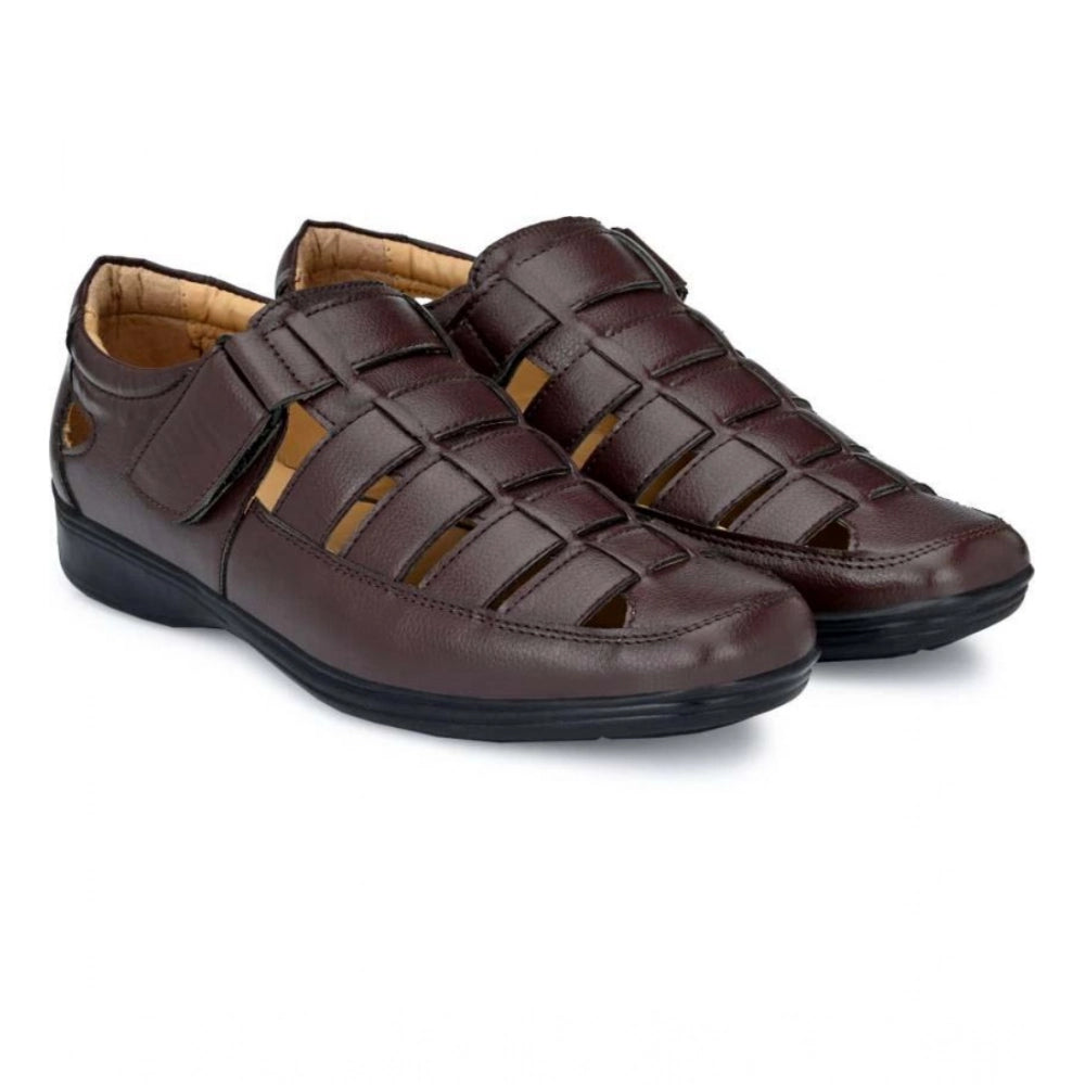 Generic Men's Casual Faux Leather Solid Velcro Sandal (Brown) Main image
