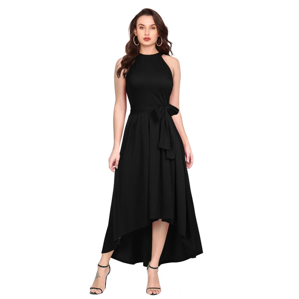 Generic Women's Polyster Solid Halter Neck Sleeveless Dress (Black) Main image