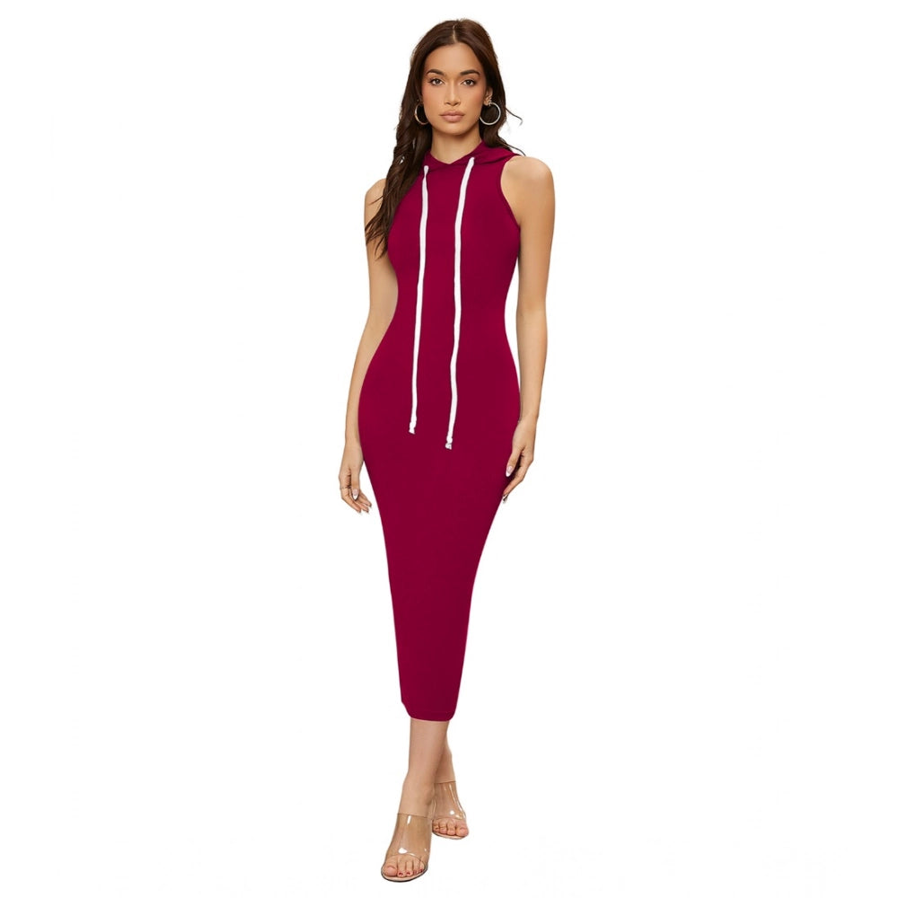 Generic Women's Knitting stretchable Solid Round Neck Sleeveless Dress (Maroon) Main image