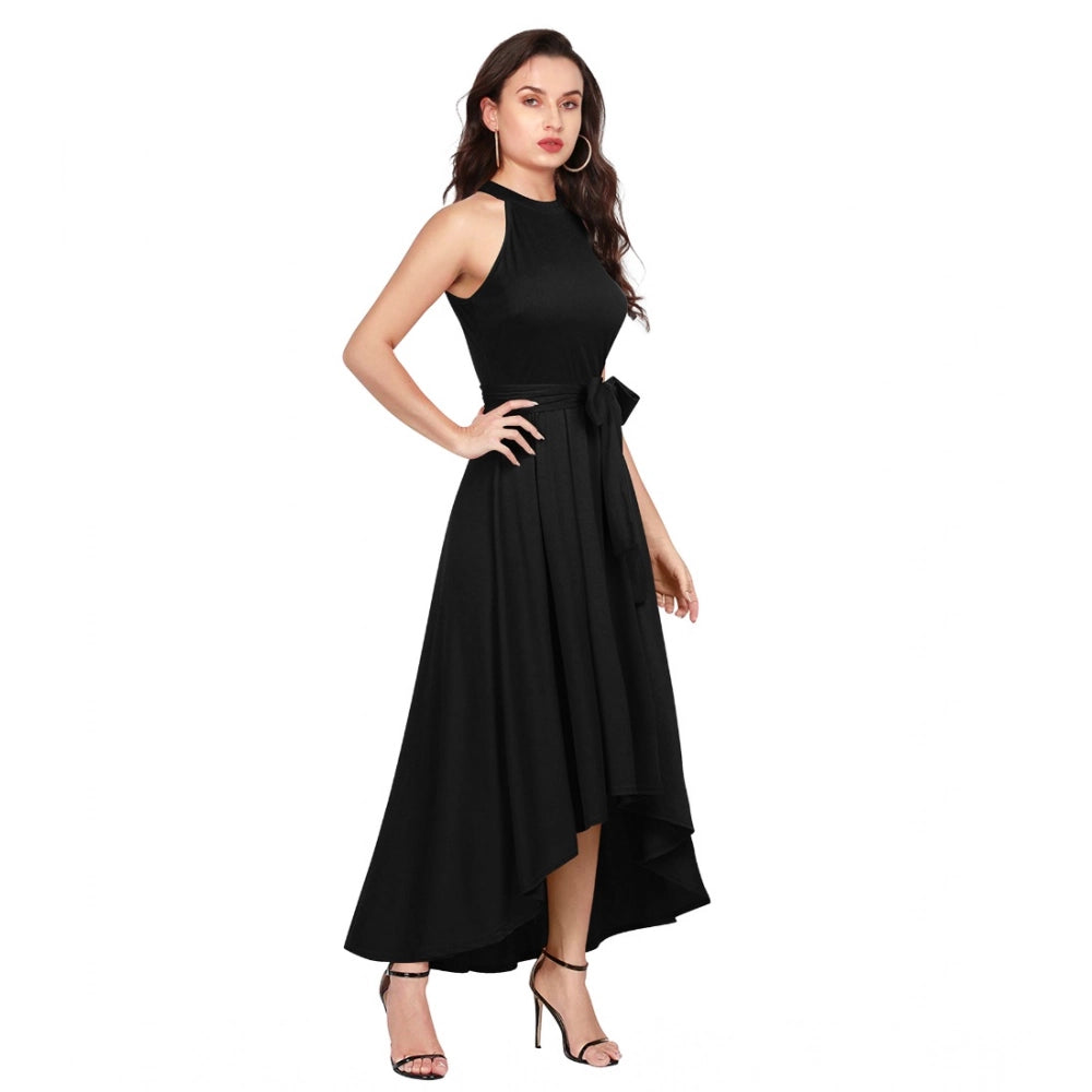 Generic Women's Polyster Solid Halter Neck Sleeveless Dress (Black) Secondary image