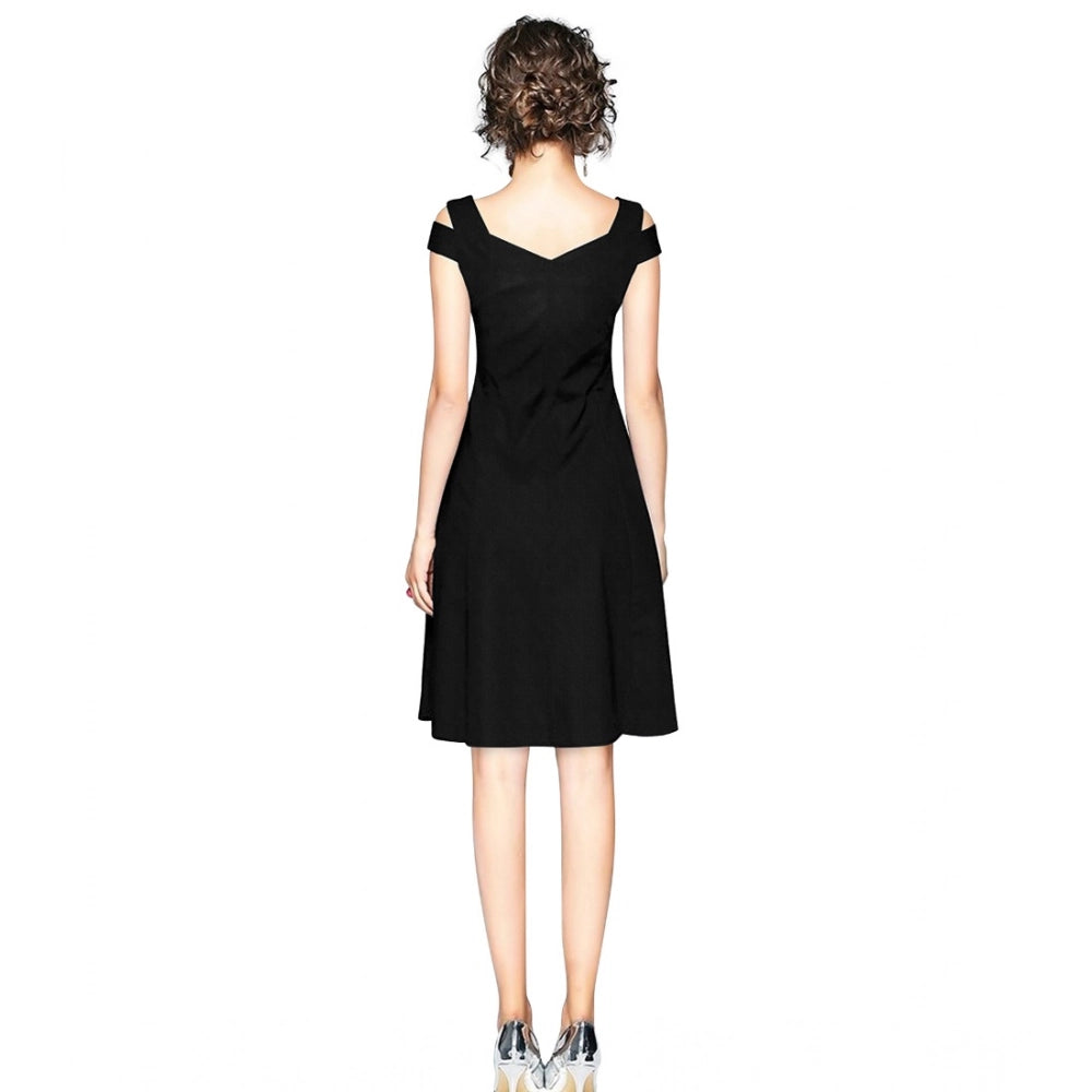 Generic Women's Polyester Solid V Neck Cap Sleeve off Shoulder Dress (Black) Secondary image