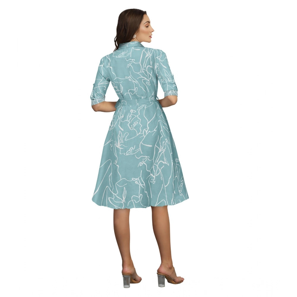 Generic Women's Ruby Cotton Printed Shirt Collar 3-4th Sleeve Dress (Pista) Secondary image