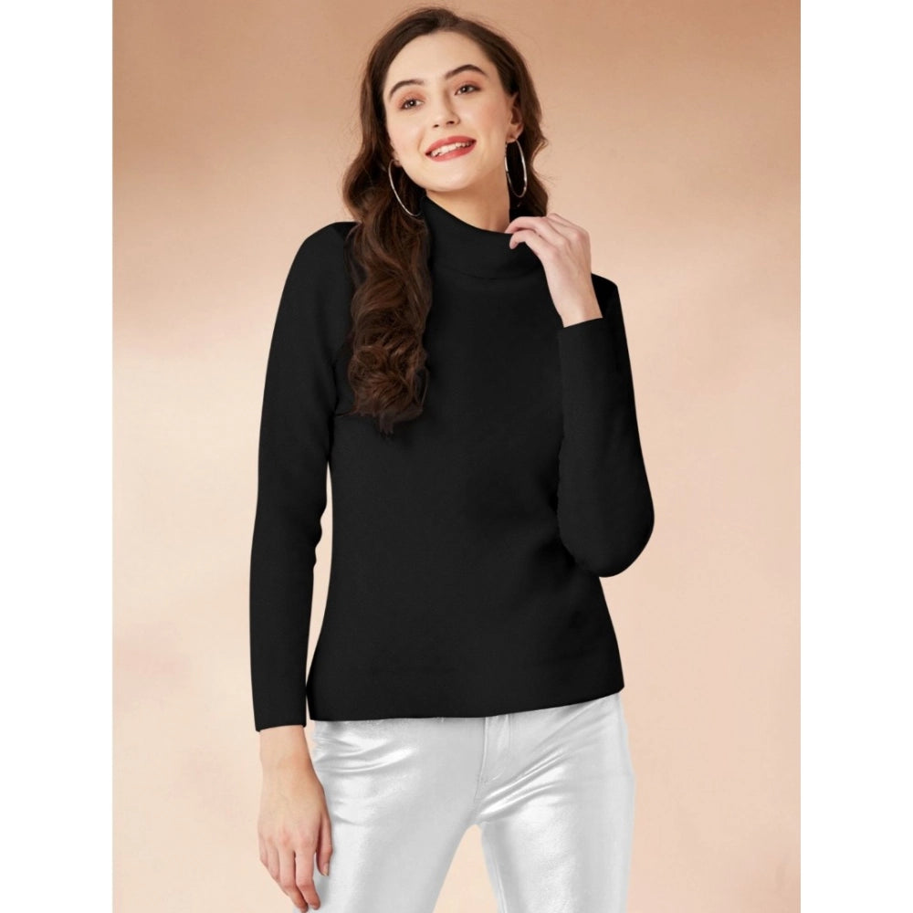 Generic Women's Polyester Solid High Neck Full Sleeve T-Shirt (Black) Main image