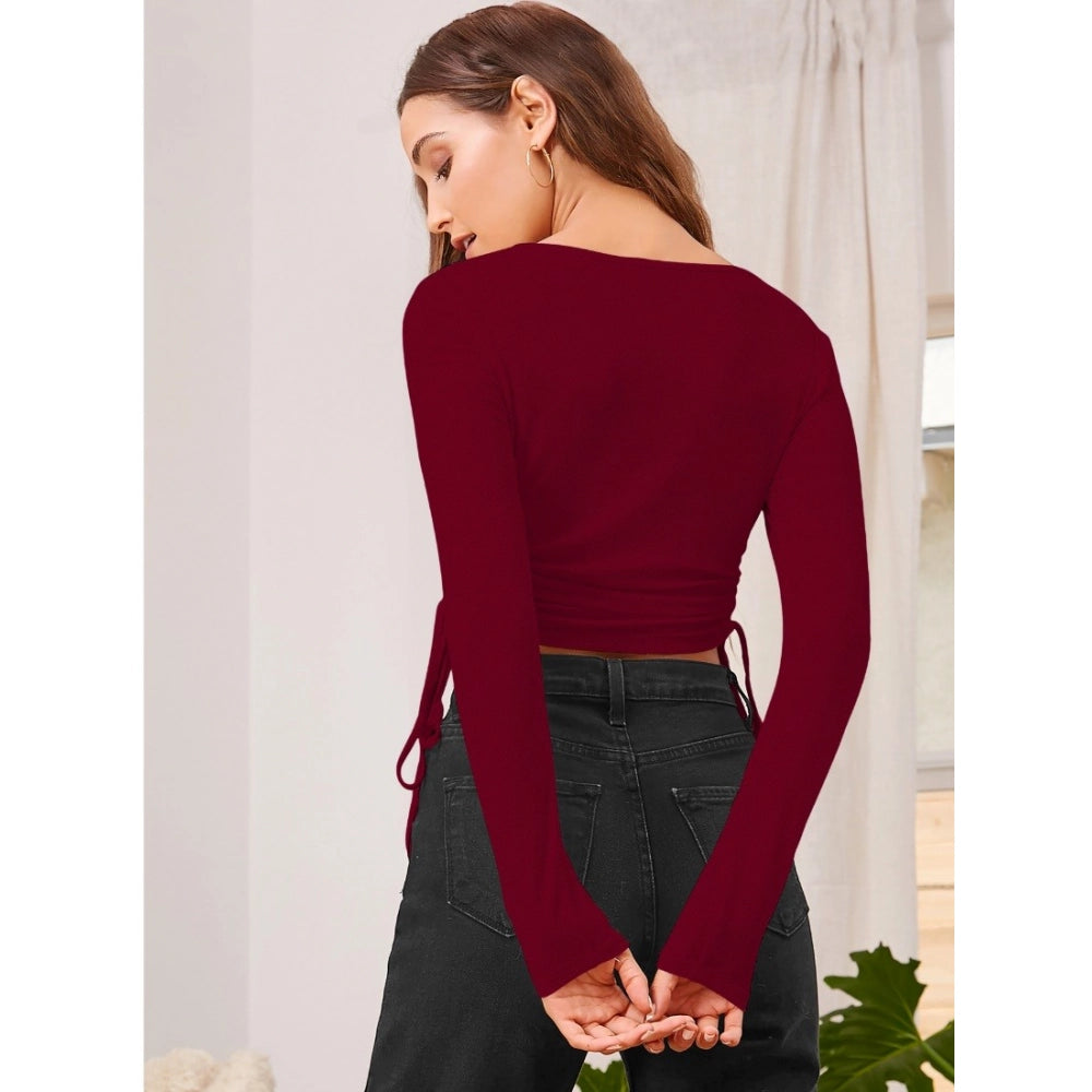 Generic Women's Polyester Solid Round Neck Full Sleeve Top (Maroon) Secondary image
