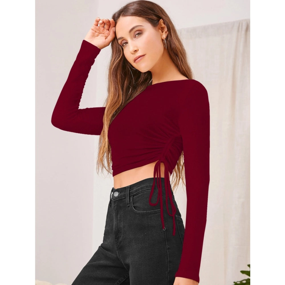 Generic Women's Polyester Solid Round Neck Full Sleeve Top (Maroon) Main image