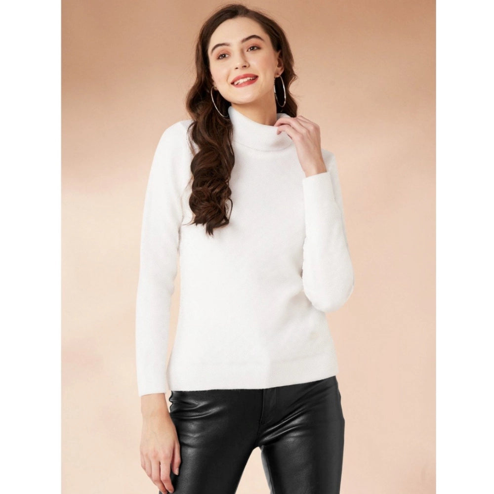 Generic Women's Polyester Solid High Neck Full Sleeve T-Shirt (White) Main image