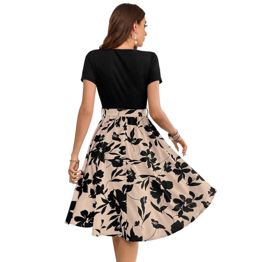 Generic Women's Knitting Printed Round Neck Short Sleeve Dress (Cream)