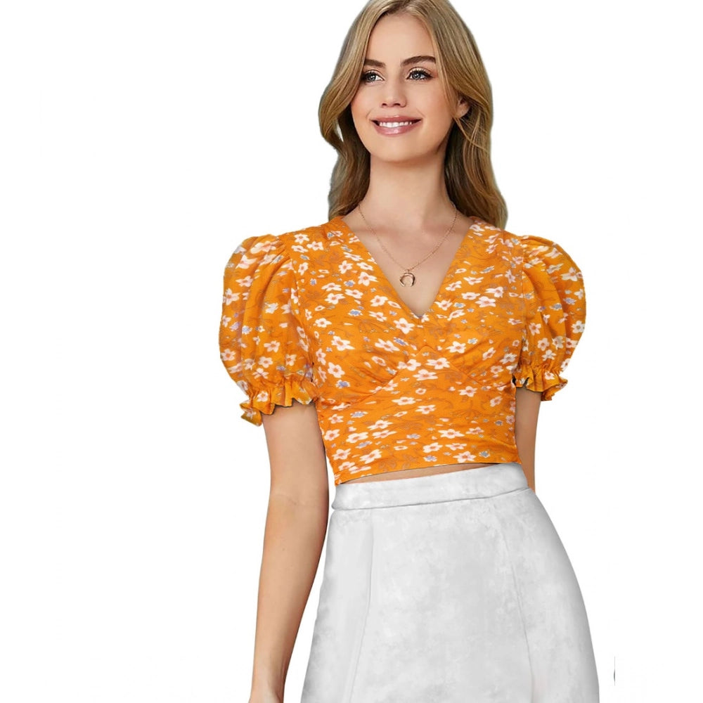 Generic Women's Knitting Printed V-Neck Puff Sleeve Tops (Yellow) Main image