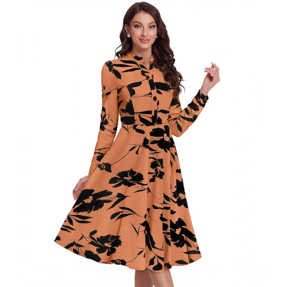 Generic Women's Knitting Printed V-Neck Full Sleeve Dress (Orange) Secondary image