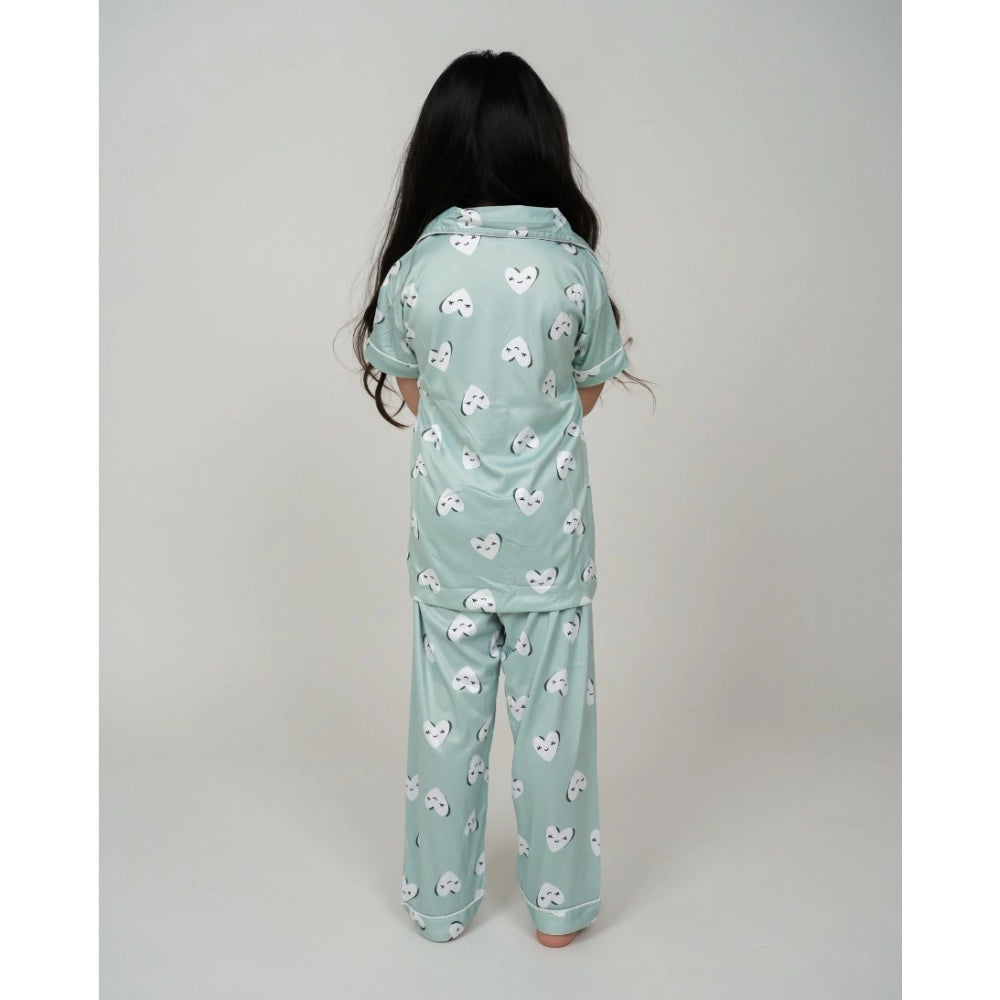 Generic Girl's Silk Bleand Printed Short Sleeve Night Suit Set (Light Green) Secondary image