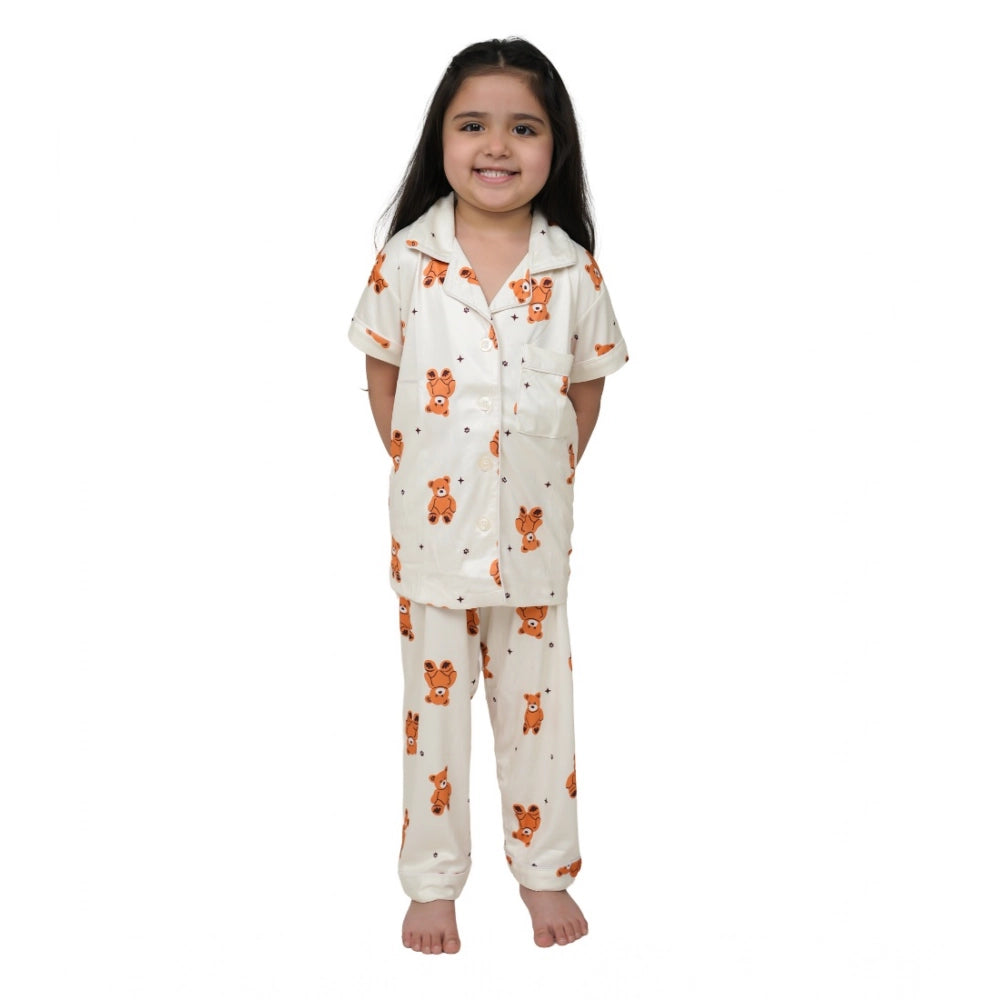 Generic Girl's Silk Bleand Printed Short Sleeve Night Suit Set (White) Main image