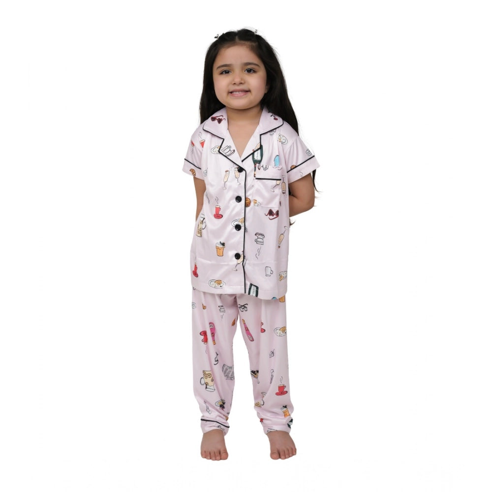 Generic Girl's Silk Bleand Printed Short Sleeve Night Suit Set (Light Pink) Main image