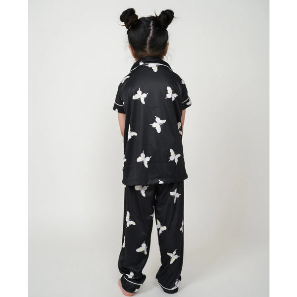 Generic Girl's Silk Bleand Printed Short Sleeve Night Suit Set (Black)