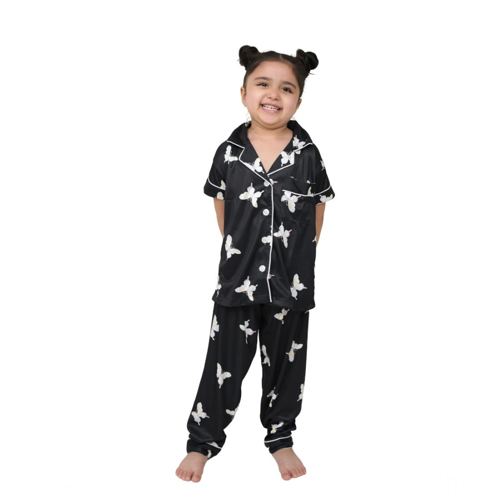 Generic Girl's Silk Bleand Printed Short Sleeve Night Suit Set (Black) Main image
