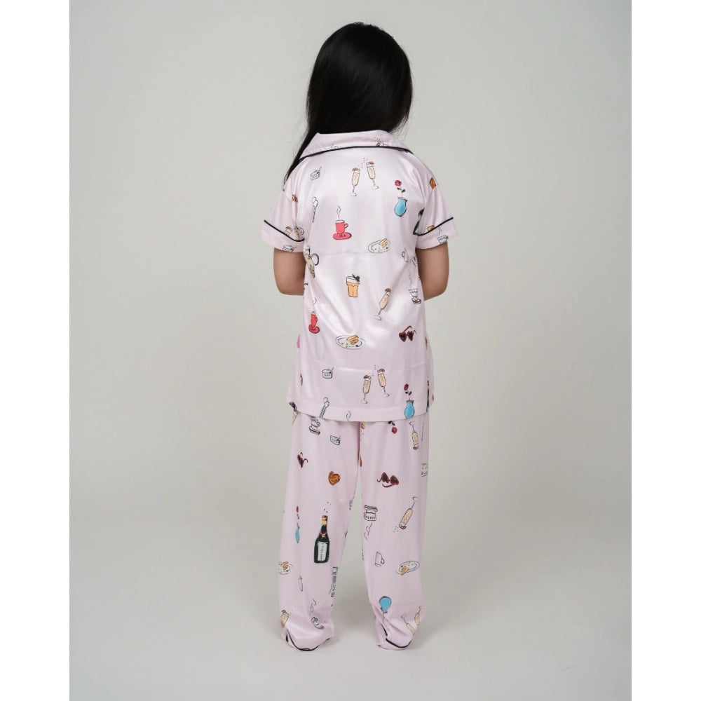 Generic Girl's Silk Bleand Printed Short Sleeve Night Suit Set (Creem) Secondary image