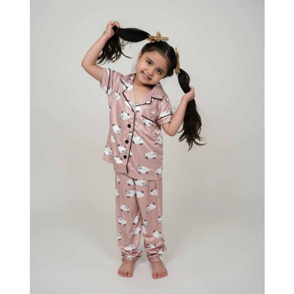 Generic Girl's Silk Bleand Printed Short Sleeve Night Suit Set (Brown) Secondary image