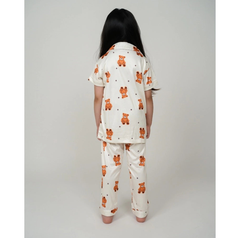 Generic Girl's Silk Bleand Printed Short Sleeve Night Suit Set (White) Secondary image