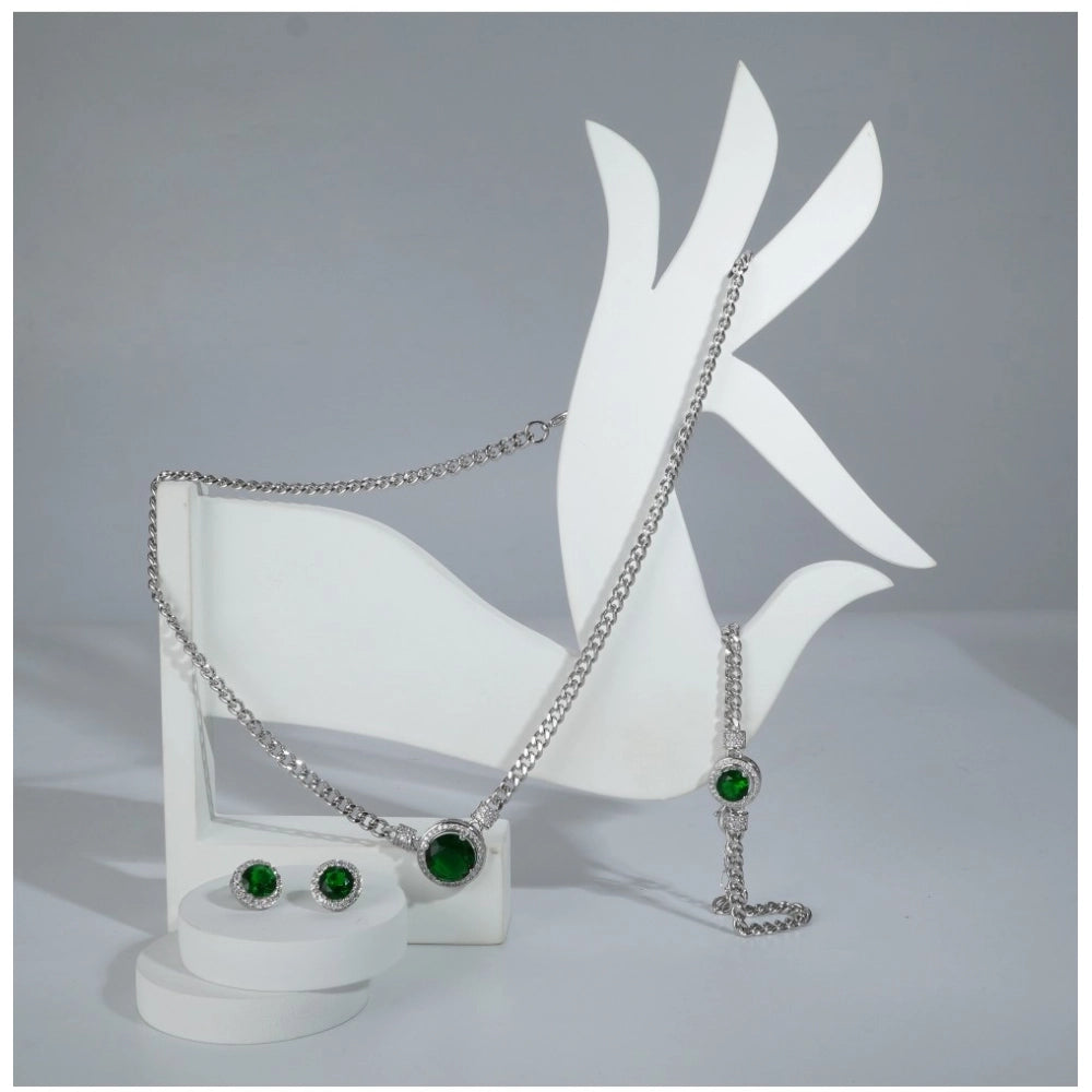 Generic Women's Stainless Steel Green Color Silver Chain Western Combo Jewelry (Silver Plated) Secondary image