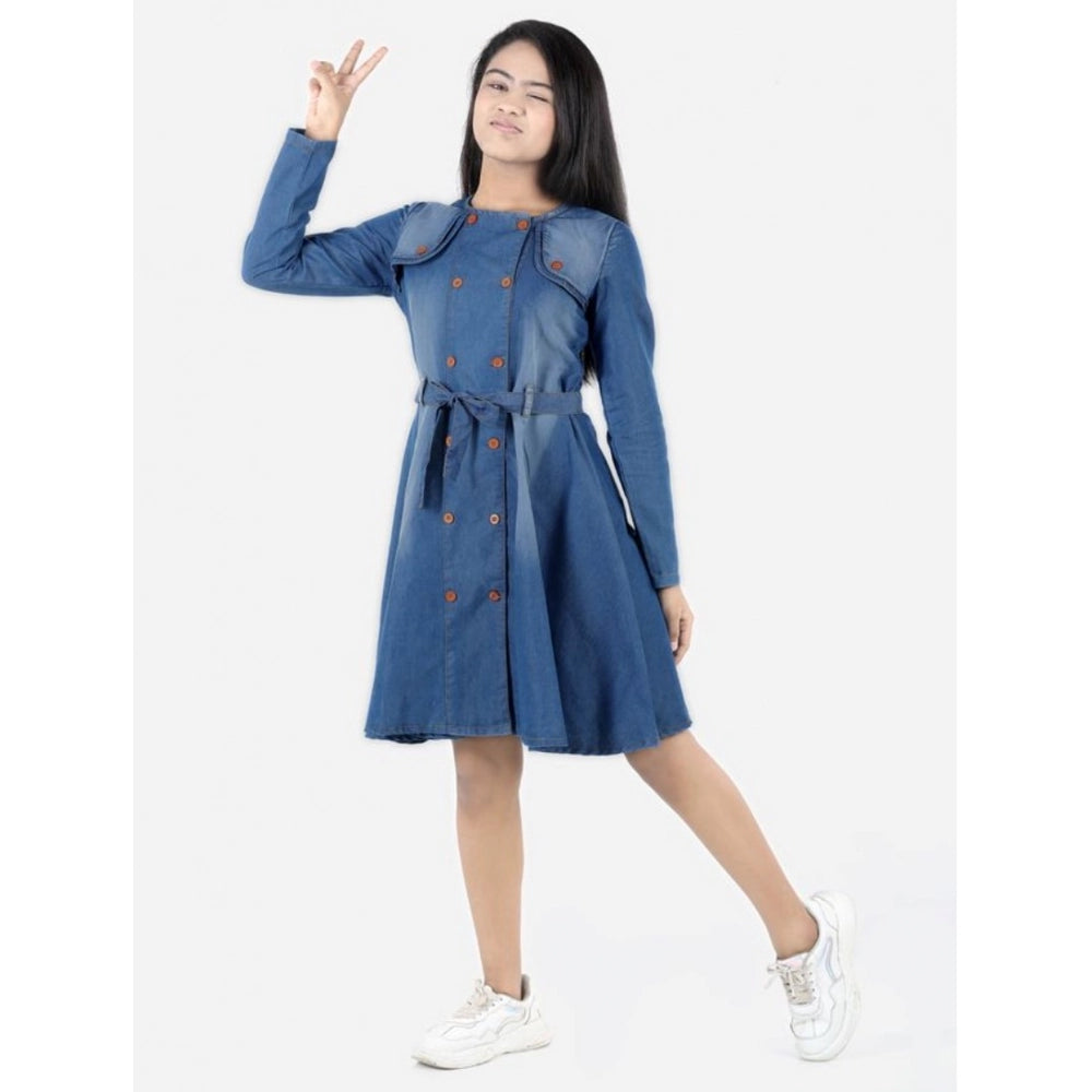 Generic Girl's Denim Solid Long Sleeve Round Neck Dress (Blue) Main image