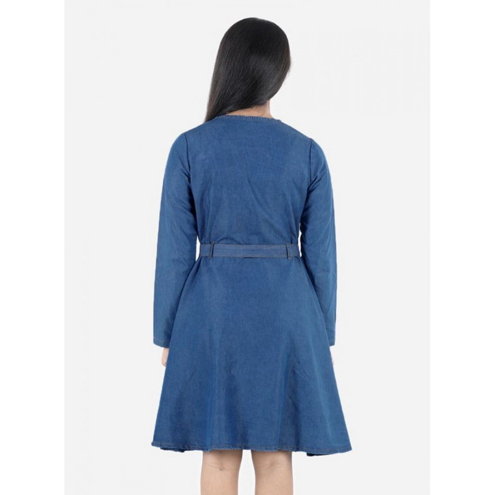 Generic Girl's Denim Solid Long Sleeve Round Neck Dress (Blue) Secondary image