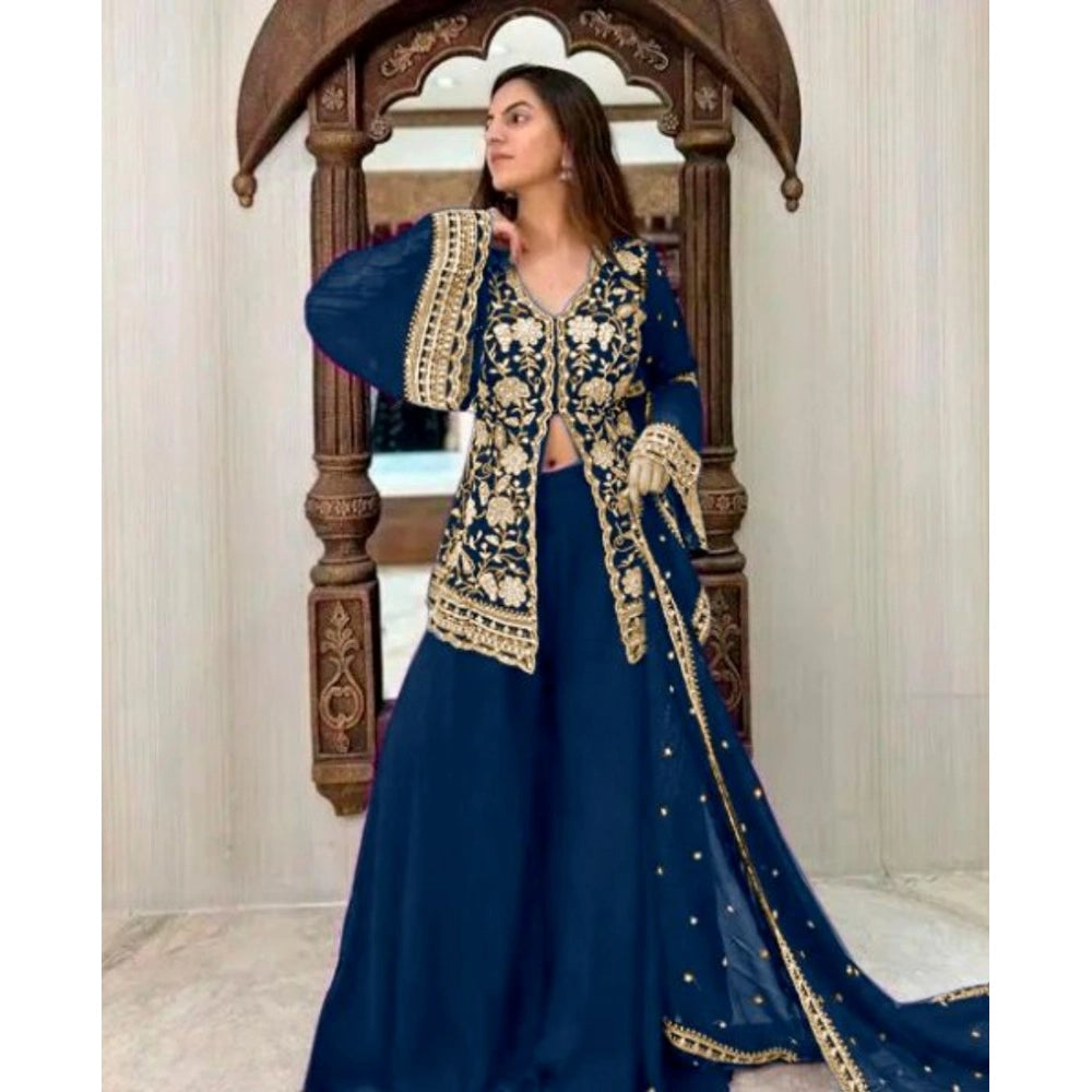 Generic Women's Georgette Embroidery 3-4th Sleeve V-Neck Kurti, Palazzo And Dupatta Set (Morpich) Main image