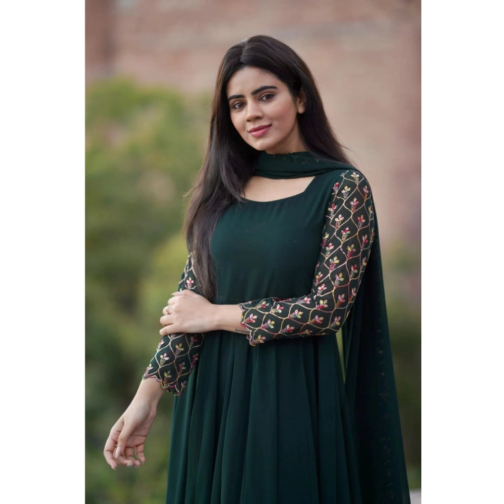 Generic Women's Georgette Embroidery 3-4th Sleeve Round Neck Kurti with Dupatta Set (Green) Secondary image