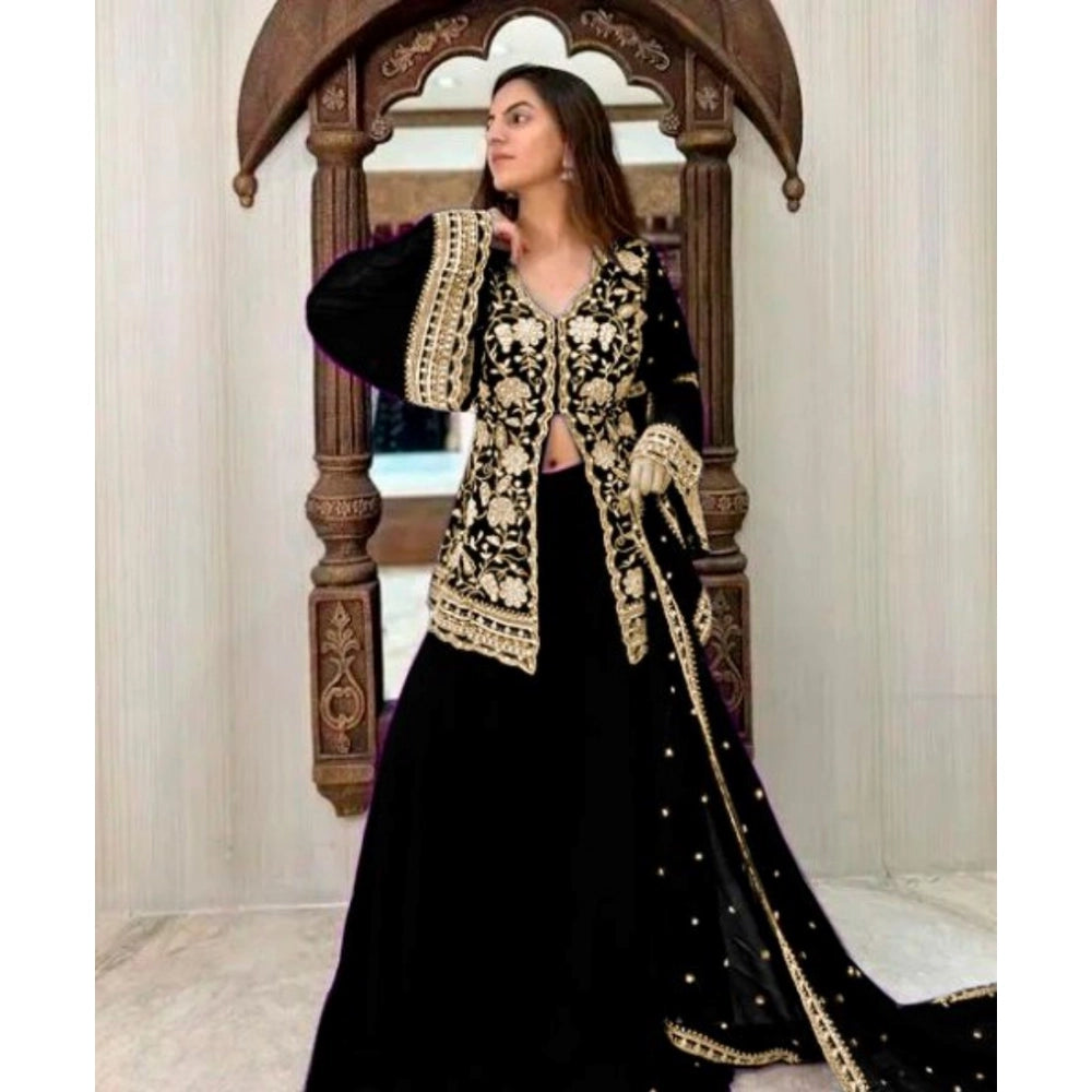 Generic Women's Georgette Embroidery 3-4th Sleeve V-Neck Kurti, Palazzo And Dupatta Set (Black) Main image