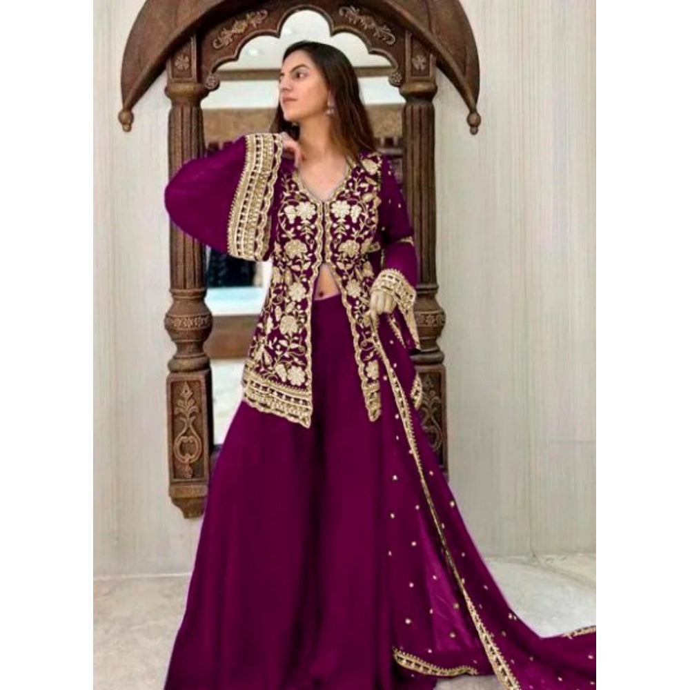 Generic Women's Georgette Embroidery 3-4th Sleeve V-Neck Kurti, Palazzo And Dupatta Set (Wine) Main image