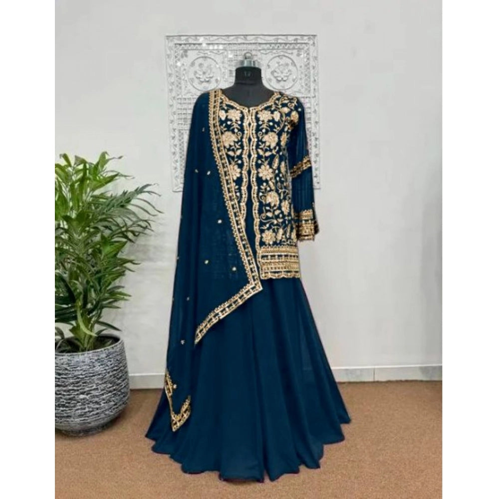 Generic Women's Georgette Embroidery 3-4th Sleeve V-Neck Kurti, Palazzo And Dupatta Set (Morpich) Secondary image