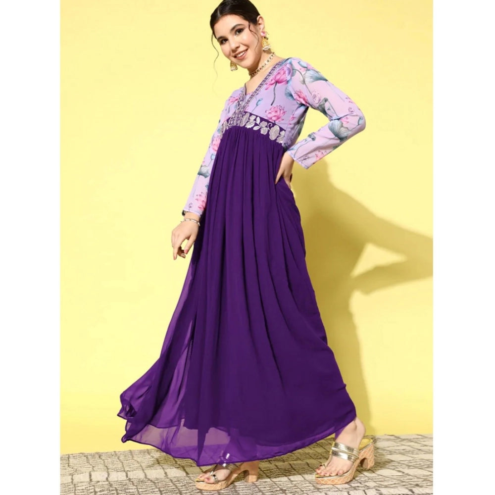 Generic Women's Georgette Embroidery 3-4th Sleeve V-Neck Kurti (Purple) Secondary image