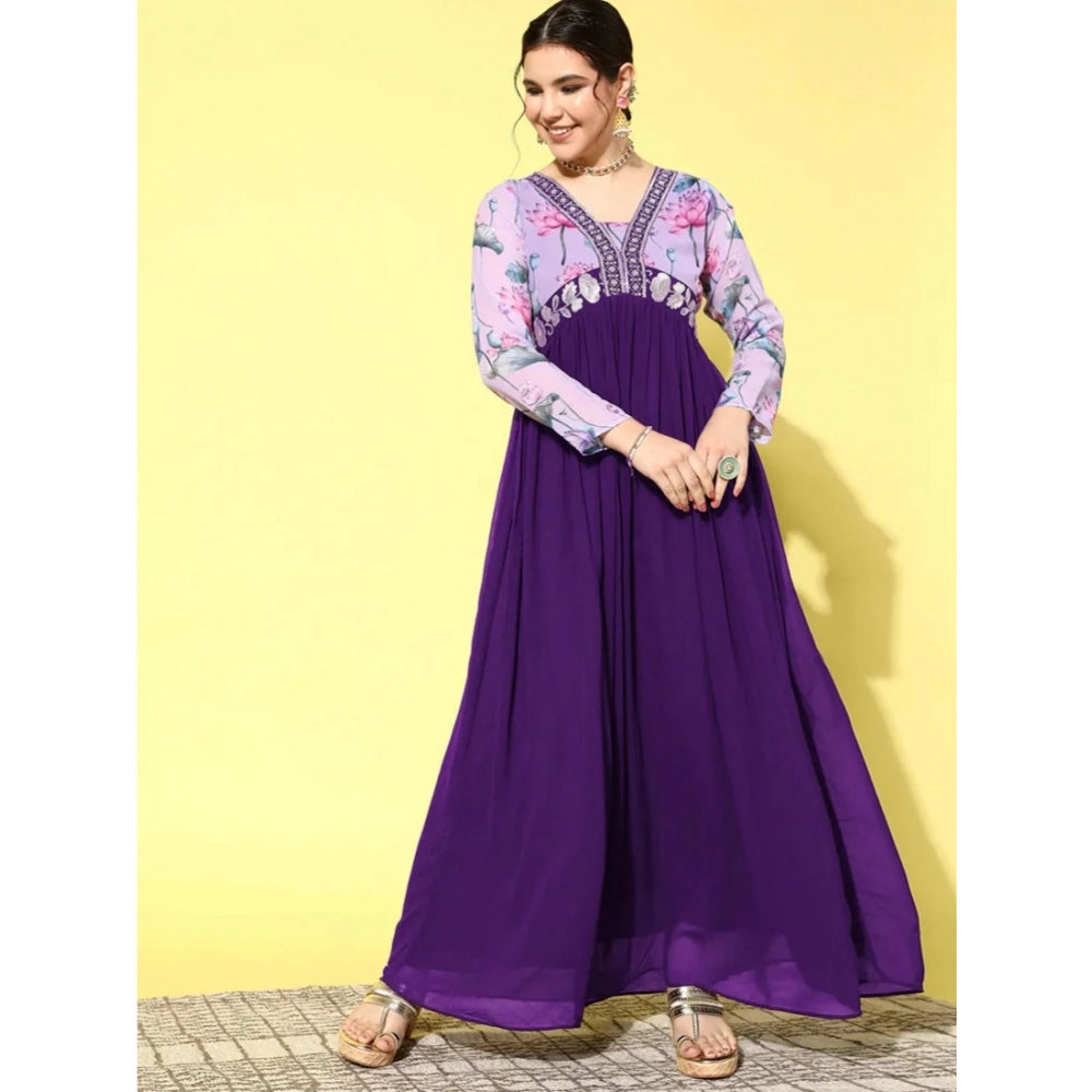 Generic Women's Georgette Embroidery 3-4th Sleeve V-Neck Kurti (Purple) Main image