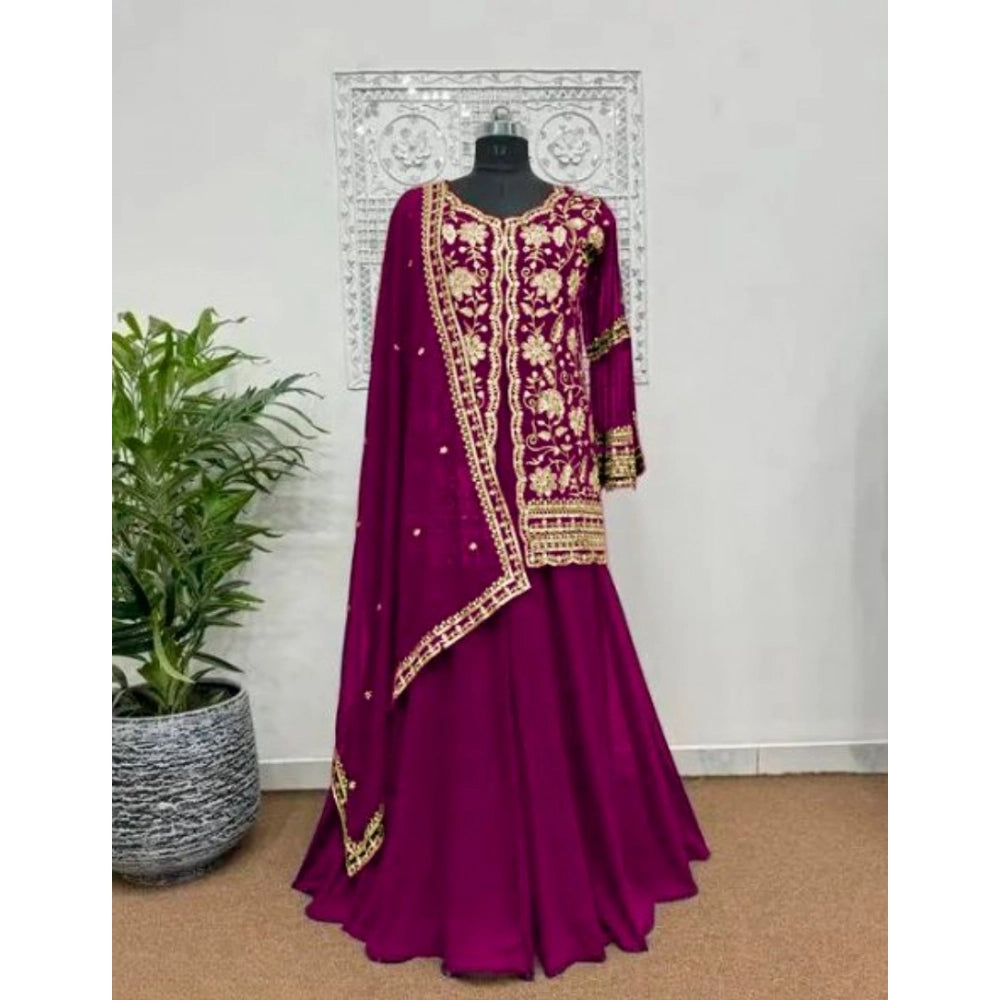Generic Women's Georgette Embroidery 3-4th Sleeve V-Neck Kurti, Palazzo And Dupatta Set (Wine) Secondary image