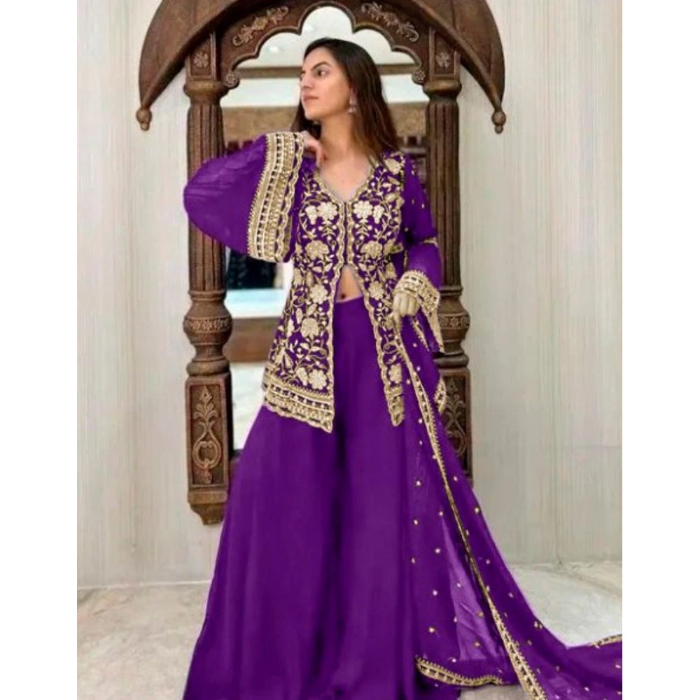Generic Women's Georgette Embroidery 3-4th Sleeve V-Neck Kurti, Palazzo And Dupatta Set (Purple) Main image