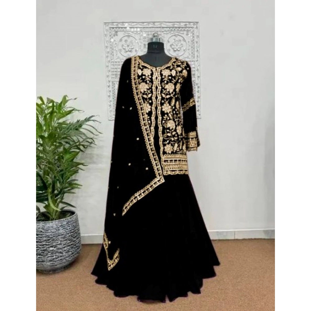 Generic Women's Georgette Embroidery 3-4th Sleeve V-Neck Kurti, Palazzo And Dupatta Set (Black) Secondary image