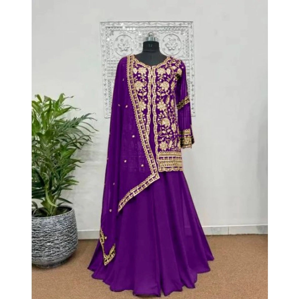 Generic Women's Georgette Embroidery 3-4th Sleeve V-Neck Kurti, Palazzo And Dupatta Set (Purple) Secondary image