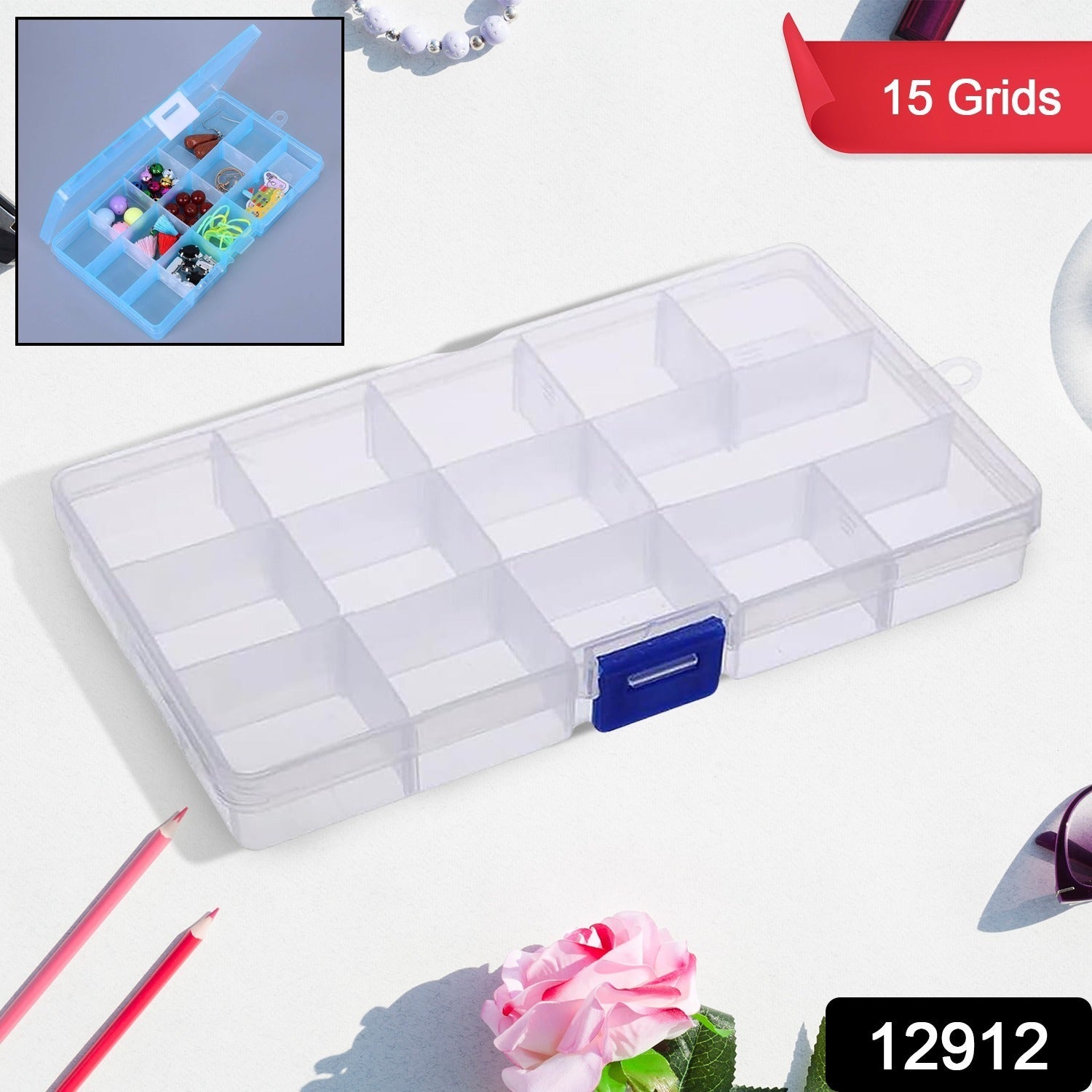 Jewellery Organizer Box – 15-Grid Clear Plastic with Dividers | Secondary image