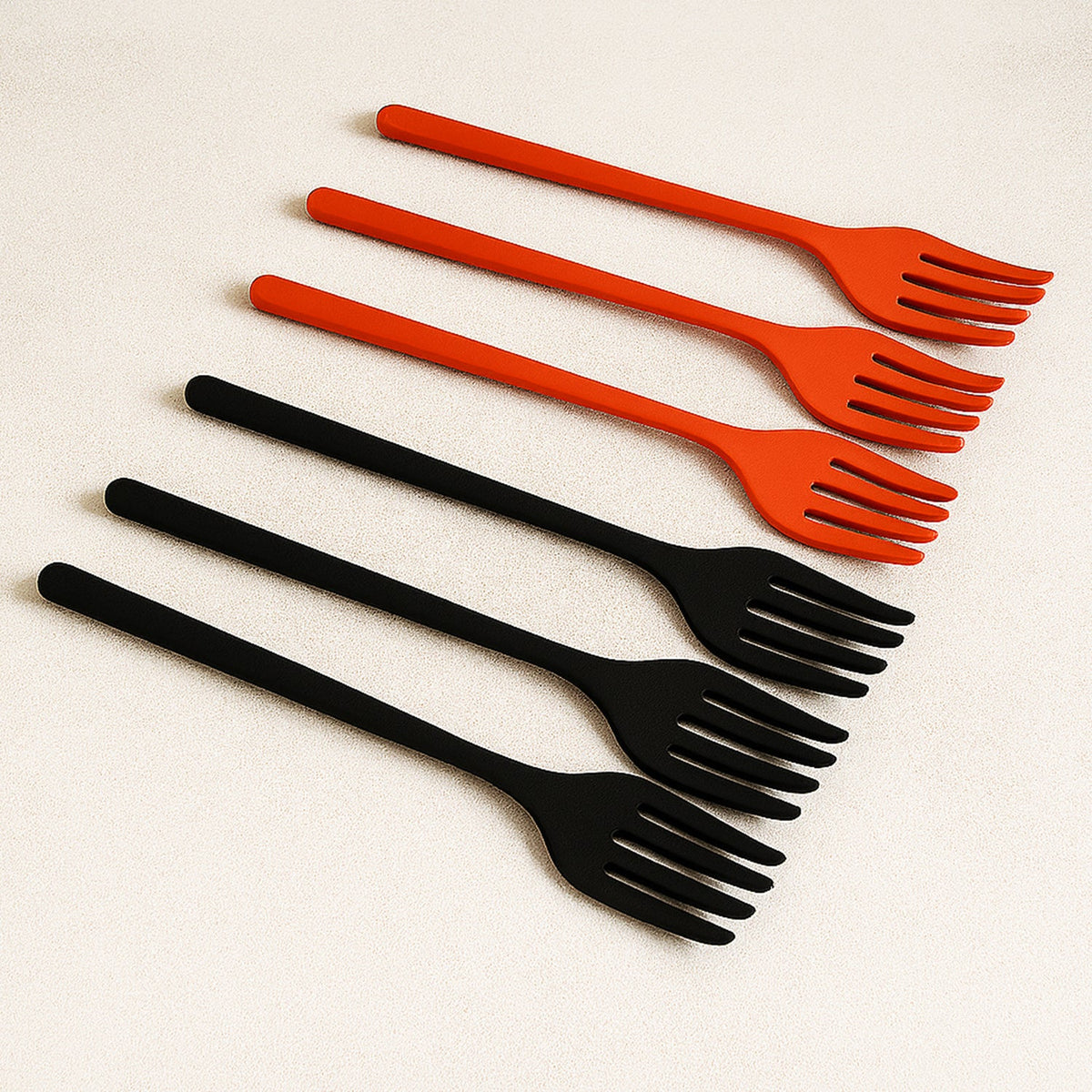 A set of six vibrant silicone cooking forks in various colors, neatly arranged. Main image