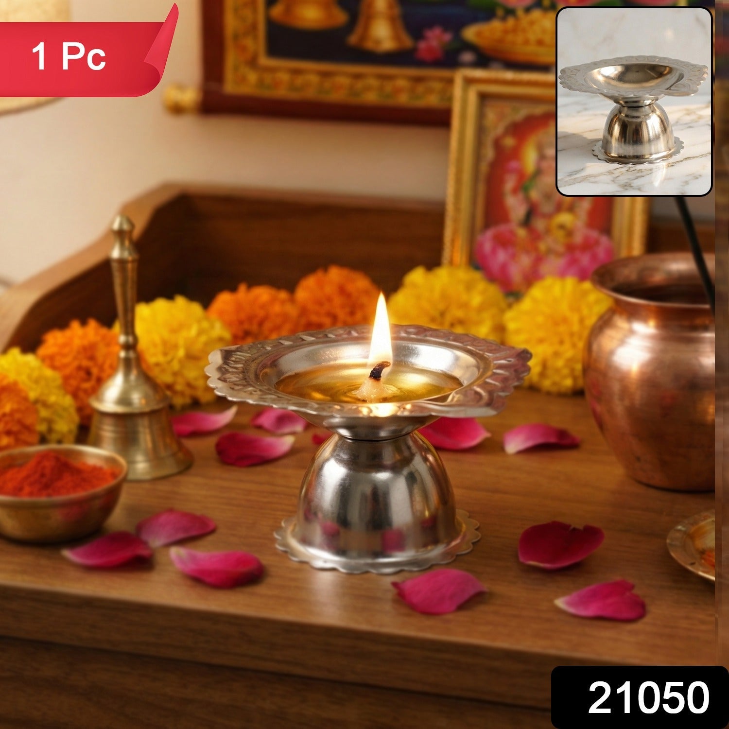 Puja Diya Stand – Stainless Steel Traditional Oil Lamp Holder Secondary image