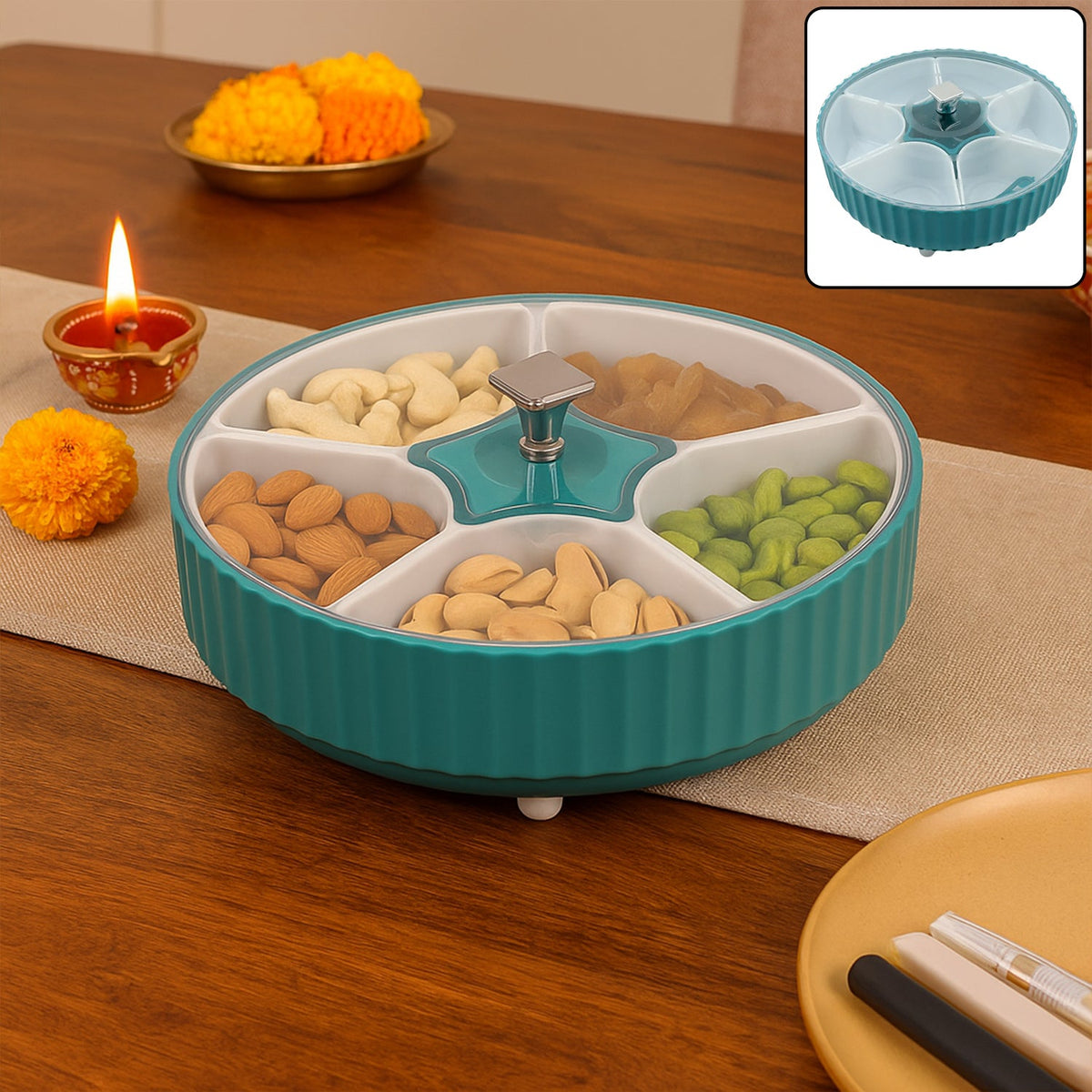 Revolving dry fruit box with seven clear compartments on a kitchen counter. Main image