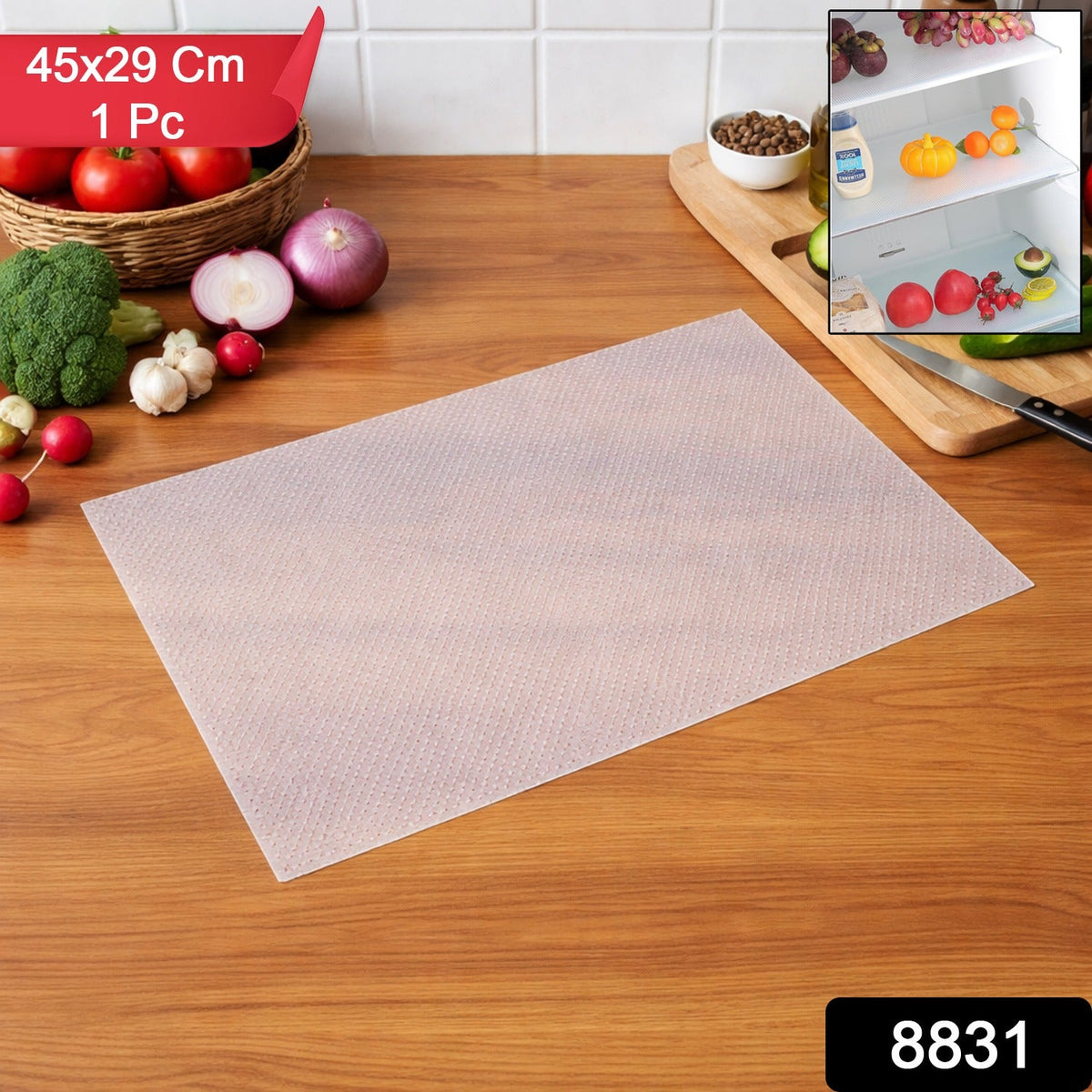 Refrigerator shelf lined with transparent plastic refrigerator mat and organised food items Main image