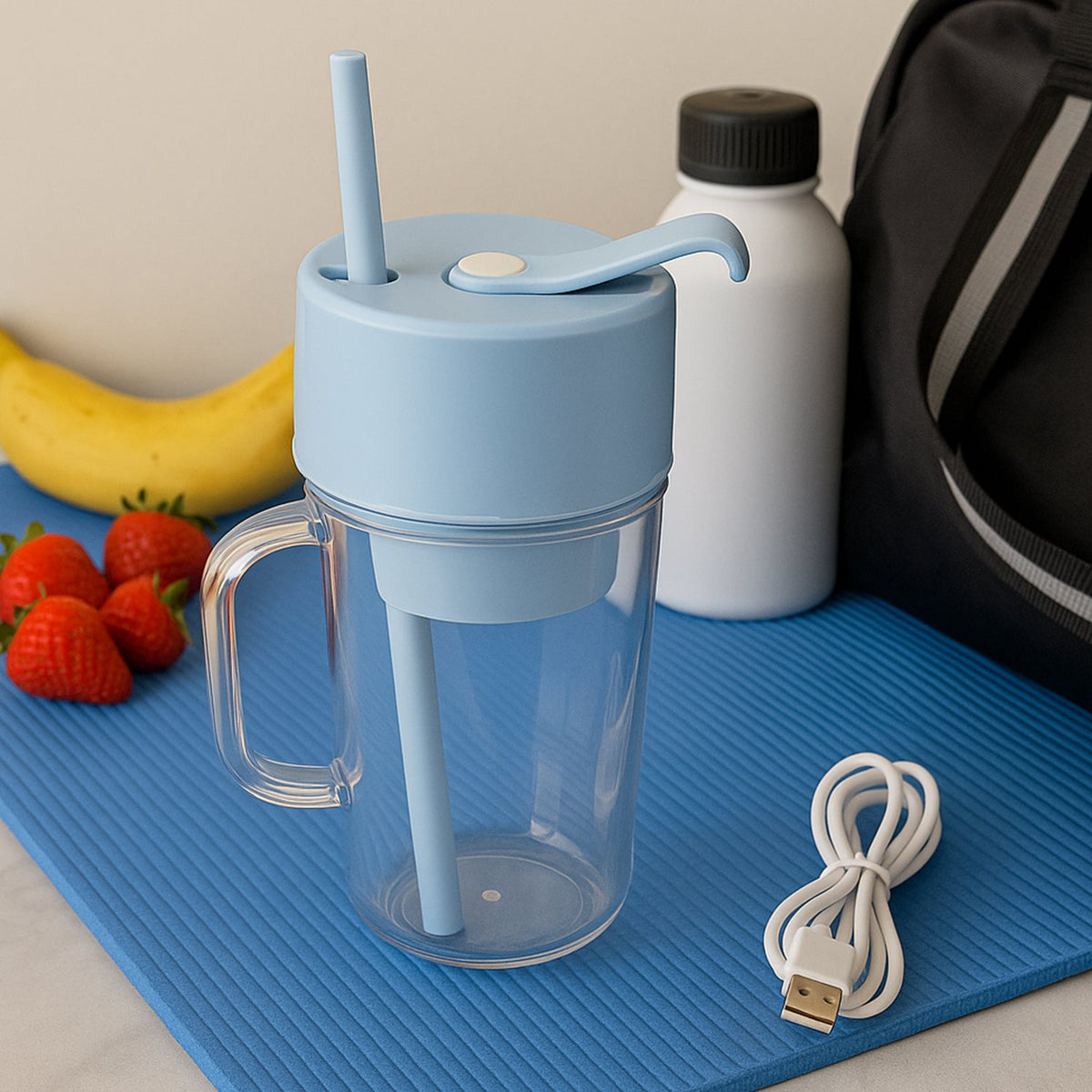 Portable juicer with handle and straw, ready for making fresh juice. Main image