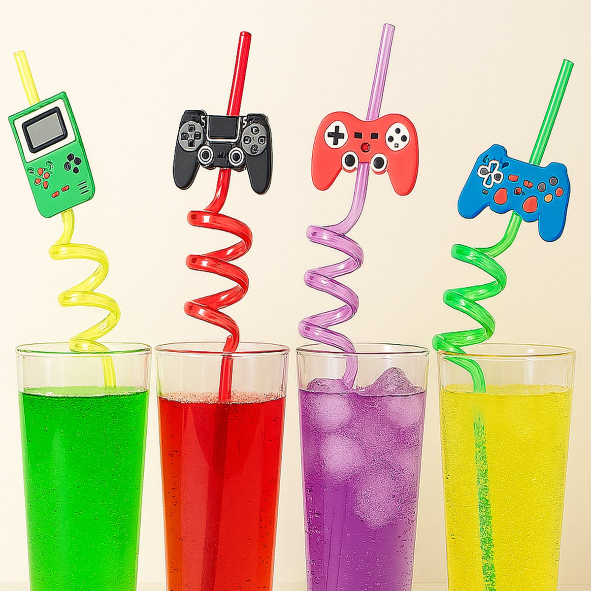 Set of 4 reusable plastic truck design drinking straws for kids' parties. Main image