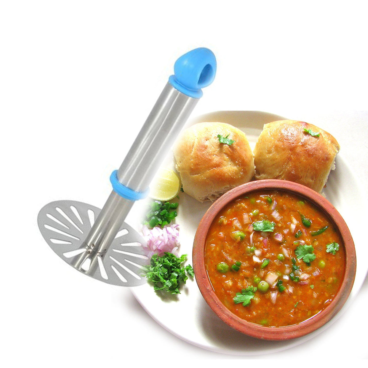 Stainless steel potato masher with ergonomic handle, ideal for pav bhaji. Main image