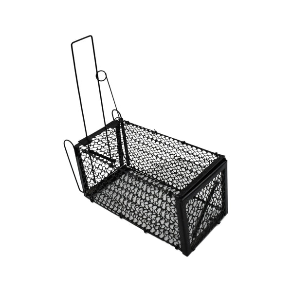 Folded humane rodent trap, highlighting its space-saving storage.