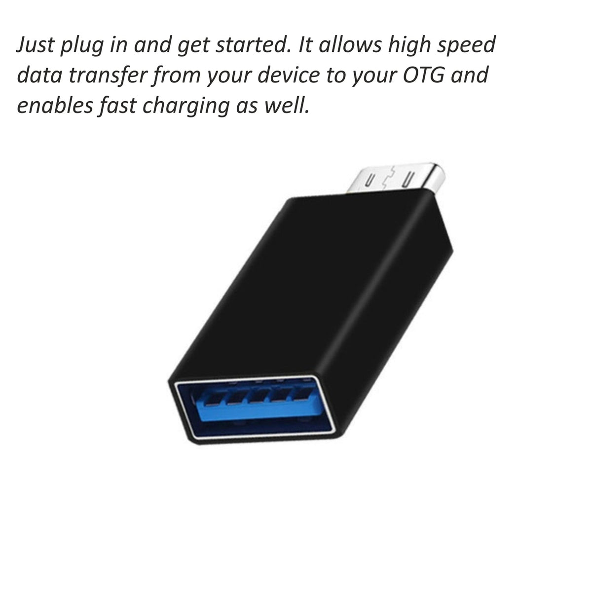 Silver Type-C OTG adapter shown connecting a USB flash drive to a smartphone. Main image
