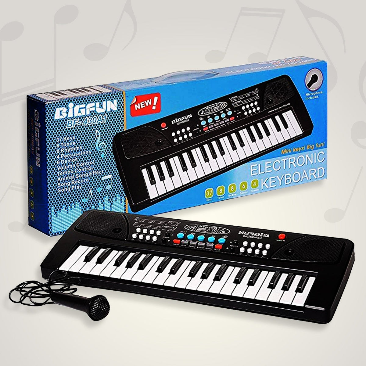 Child playing with the 37-key kids piano keyboard and microphone. Main image