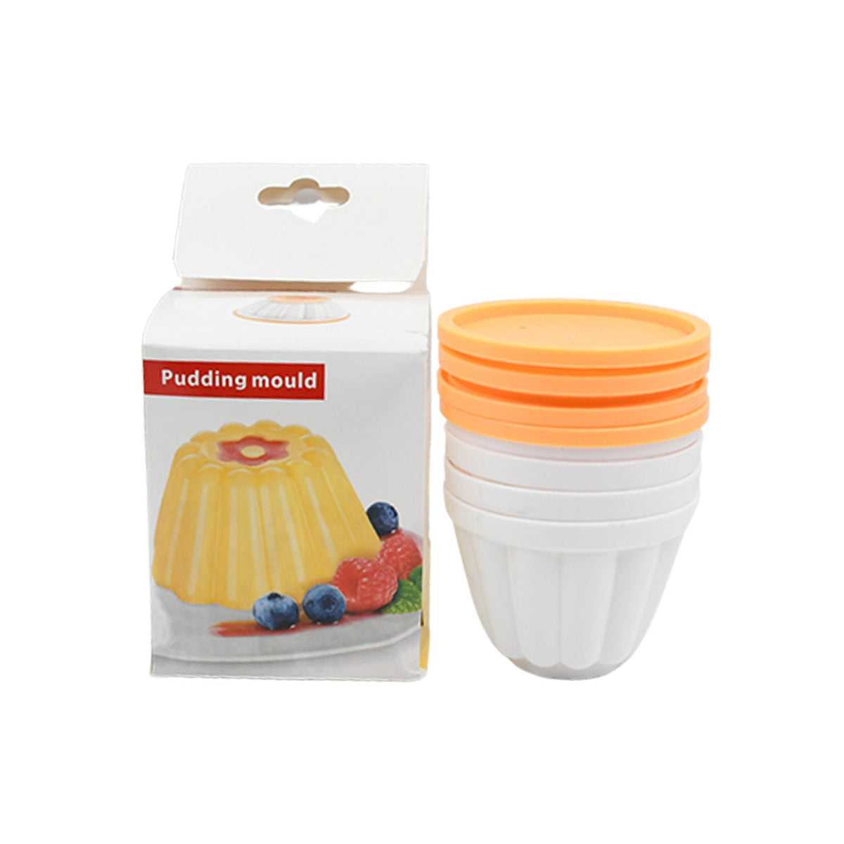 Set of four transparent plastic pudding molds with lids, ready for dessert preparation. Main image