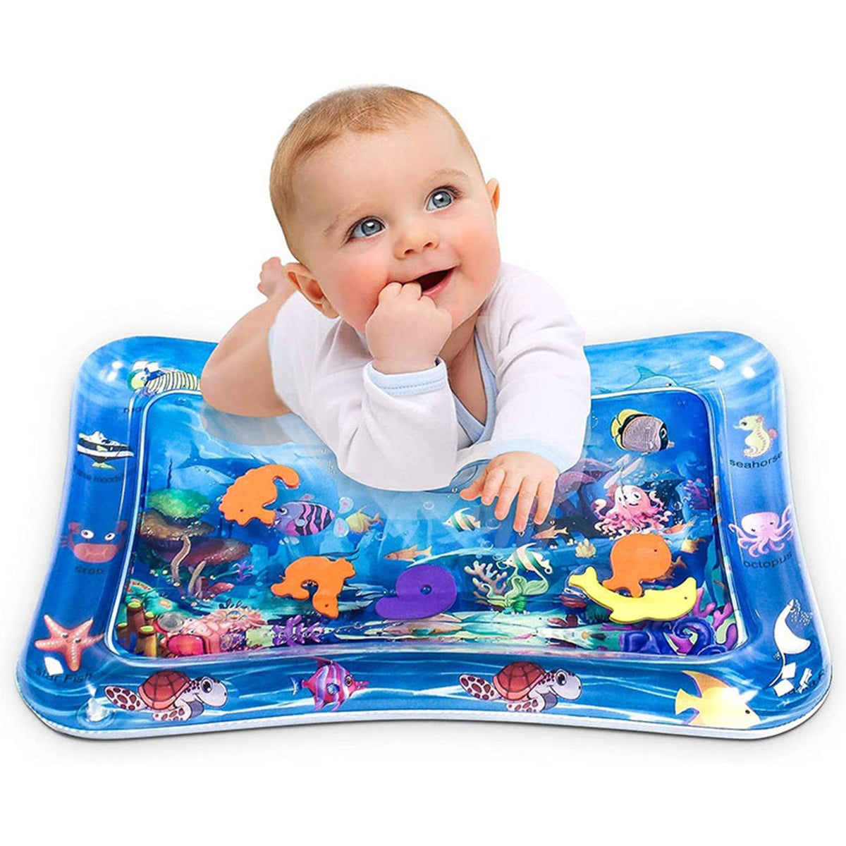 A baby happily playing on an inflatable Baby Water Mat with colourful floating ocean creatures. Main image