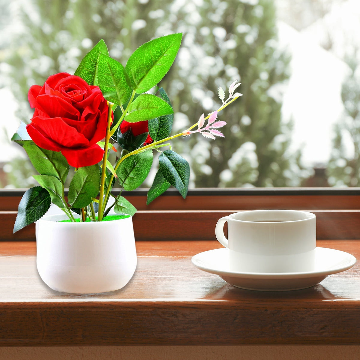 Vibrant red artificial rose plant in a decorative pot, perfect for home decor. Main image