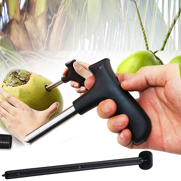 Stainless steel coconut opener tool with a comfortable black grip. Main image